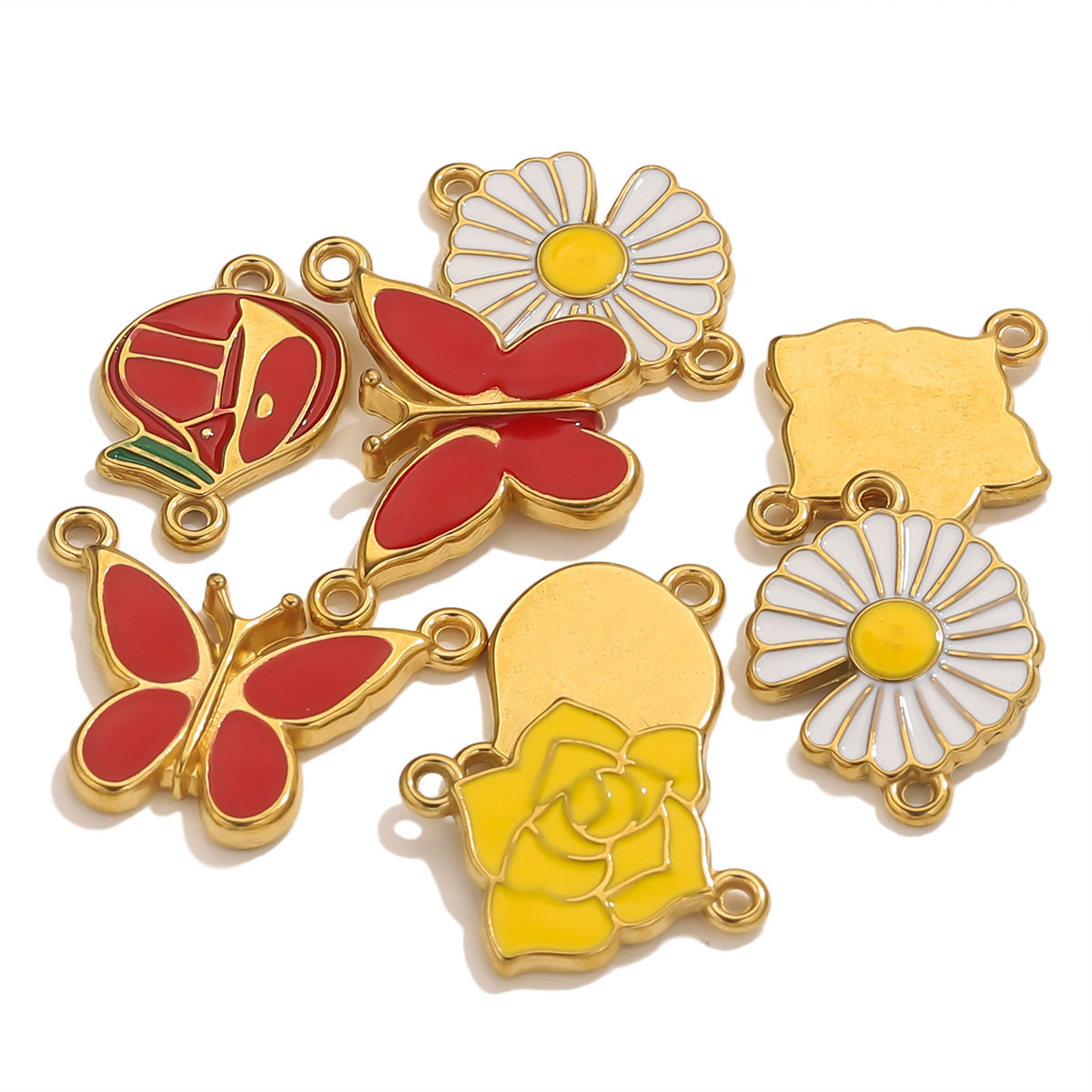 Jewelry Making Materials Wholesale - 4pcs Stainless Steel Enamel Vintage Flower